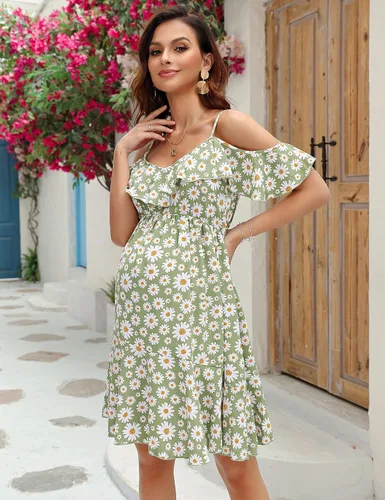 Miniatura 5 de FUNJULY Vestido de lactancia de maternidad para mujer, cuello en V, tirantes delgados, manga con volantes, estampado de margaritas, vestido
