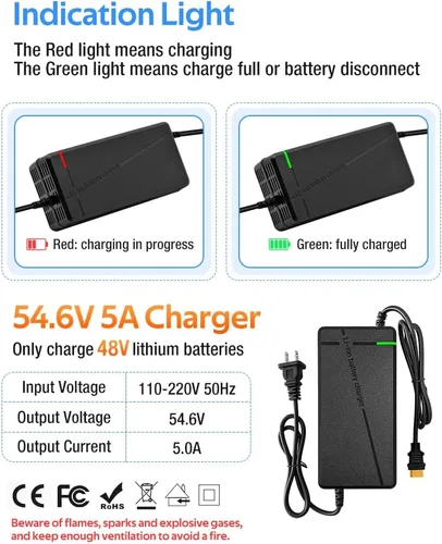 Miniatura 6 de Cargador súper rápido de 54.6V 3A / 5A para batería de litio de 48V, 7 tipos de enchufes para elegir, no necesita adaptador, más seguro. Compatible