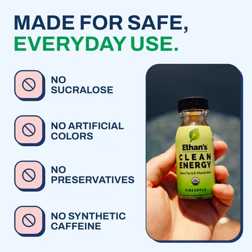 Miniatura 5 de Ethan's Organic Clean Energy Shots Piña, paquete de 12 unidades de 2 onzas, 150 mg de cafeína, té verde, guayusa, melena de león y cordyceps Sin
