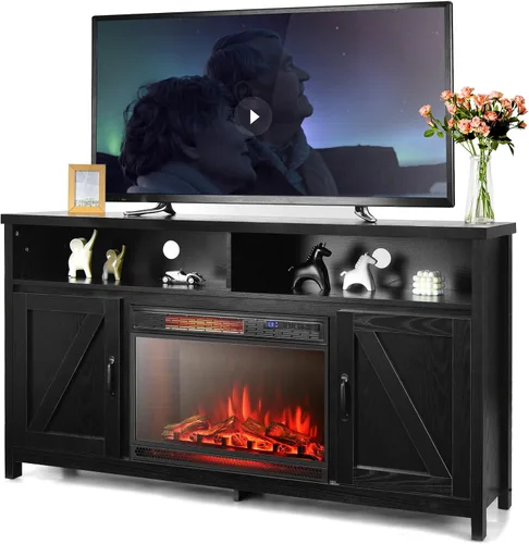 Tangkula Soporte eléctrico para TV con chimenea, para televisores de hasta 65 pulgadas, con chimenea sintética empotrada de 25 pulgadas y 1350 W, 3