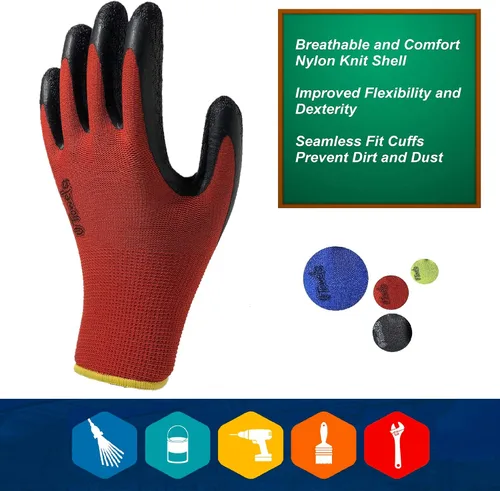 Miniatura 2 de Guantes de seguridad recubiertos para el trabajo, paquete de 8 pares, agarre firme, uso general y jardinería, para hombres y mujeres (talla S, rojo)