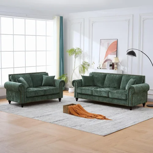 Miniatura 11 de Juego de sofá moderno y sofá biplaza Chesterfield de chenilla de lujo, cómodo sofá tapizado con asiento profundo con reposabrazos enrollados y Beige