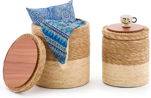 Miniatura 19 de Wimarsbon Taburete de pie de hierba marina natural, otomana redonda tejida a mano, para sala de estar, asiento al aire libre (natural)