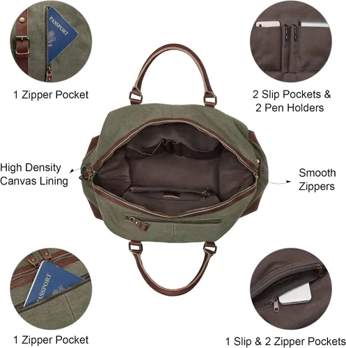 Miniatura 5 de S-ZONE - Bolsa de viaje de lona sobredimensionada con adornos de cuero genuino, bolsa deportiva de hombro de fin de semana, bolso de fin de semana