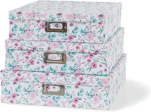 Soul & Lane Cajas de almacenamiento decorativas florales con tapas, juego de 3 bonitas cajas de cartón anidables para fotos, documentos, álbumes de