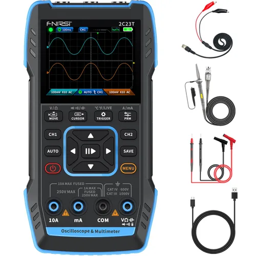 FNIRSI 2C23T Osciloscopio portátil multifunción de 3 en 1, generador DDS, 2 canales, ancho de banda de 10 MHz, frecuencia de muestreo de 50 MSa/s,