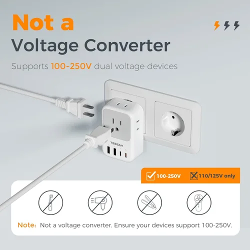 Miniatura 5 de Adaptador de enchufe de viaje europeo, adaptador de corriente TESSAN International con 4 tomas, 4 puertos USB (2 USB-C, 1 con PD 20W), adaptador