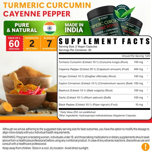 Miniatura 6 de Herbpy Suplemento 7 en 1 de pimienta de cayena y cúrcuma – Digestión, salud cerebral y cardíaca y apoyo inmunológico con Ceilán, ajo, raíz