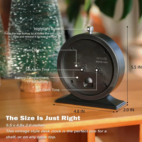 Miniatura 4 de AYRELY® Reloj Despertador Analógico Silencioso de 4 Pulgadas que Funciona con Baterías, Relojes de Escritorio con Luz, Reloj de Mesa de Metal