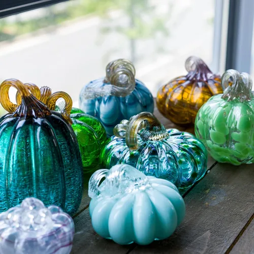 Miniatura 4 de QFkris Calabaza de cristal soplada a mano para decoración, 3.4 x 3.5 pulgadas, decoraciones de otoño para el hogar, figura de calabaza de cristal