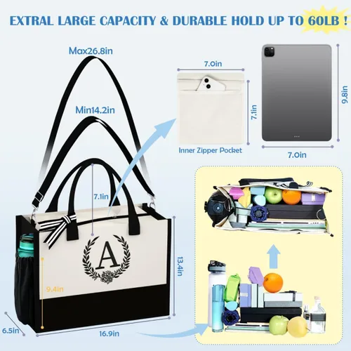 Miniatura 2 de Bolsa de lona con inicial, bolsa de maquillaje, bolsa de playa con cremallera, regalos personalizados para el día de la madre para mamá y abuela