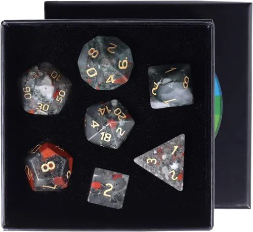 rockcloud Juego de 7 dados poliédricos DND de piedra de sangre africana, dados hechos a mano con piedra de cristal curativo con caja de dados para