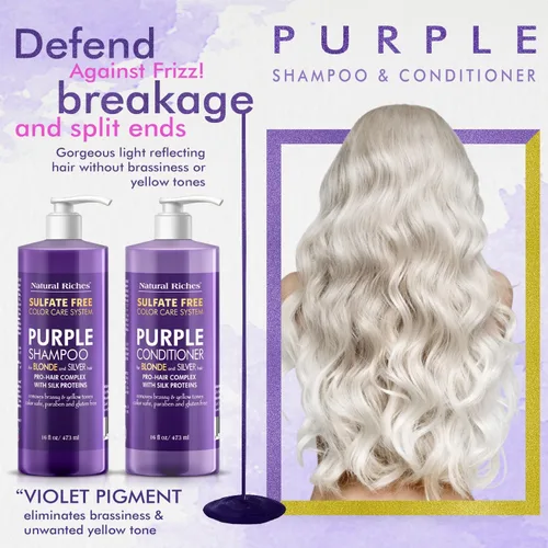 Miniatura 3 de Natural Riches Juego de champú y acondicionador morado para cabello rubio, plateado y gris, sin sulfatos, seguro para el color, elimina los tonos