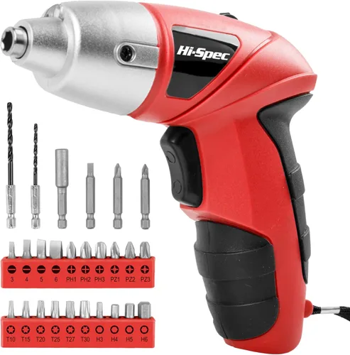 Hi-Spec Juego de destornilladores eléctricos de potencia pequeña, color rojo, 27 piezas, 3.6 V, inalámbrico y recargable con juego de puntas de