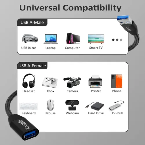 Miniatura 6 de Cable de extensión USB 3.0 de 1 pie (paquete de 2), cable extensor tipo A macho a hembra, trenzado de nailon, transferencia de datos de 5 Gbps