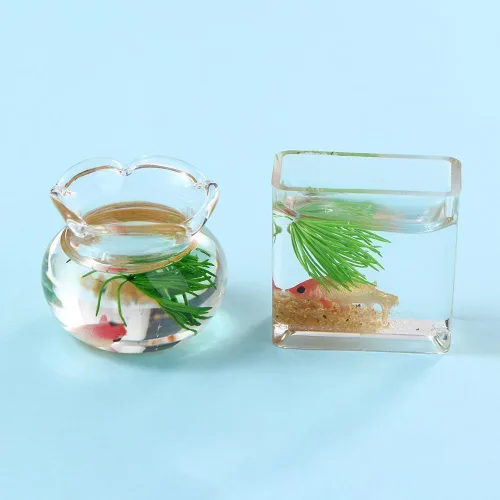 Miniatura 6 de 2 peceras en miniatura, 1: 12 casas de muñecas en miniatura de cristal Goldfish Tank Desktop Dollhouse Adornos para decoración de escenas de jardín
