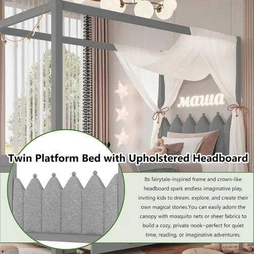 Miniatura 4 de Bellemave Base de cama con dosel de tamaño individual con cabecera tapizada princesa, nido doble extraíble y 3 cajones de almacenamiento, cama
