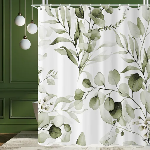 Miniatura 22 de Cortina de ducha de eucalipto, hojas verdes de acuarela en la parte superior con cortina de baño floral, decoración de baño para bañera, tela Hoja
