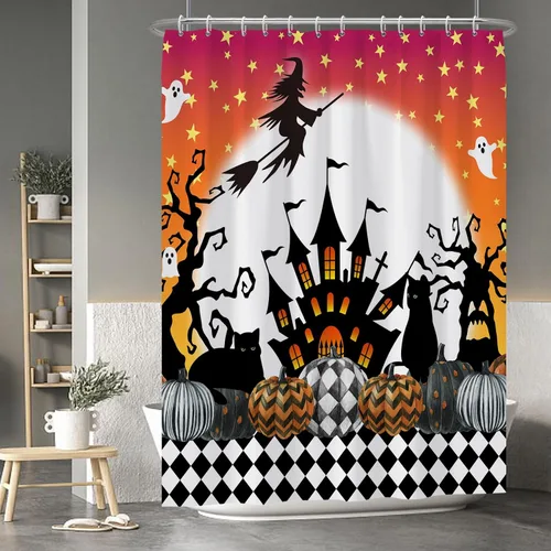 Miniatura 121 de Cortina de ducha de fantasma y gato negro para niños, 36 x 72 pulgadas, espeluznante y bonita, cortina de baño de Halloween con 6 ganchos, cortina