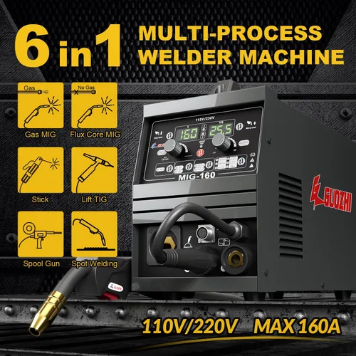 Miniatura 2 de GZ GUOZHI Soldador Mig de 160 A, 110 V/220 V de doble voltaje 6 en 1 soldador de palo/gas Mig/núcleo de flujo sin gas Mig/Lift TIG/soldadura por