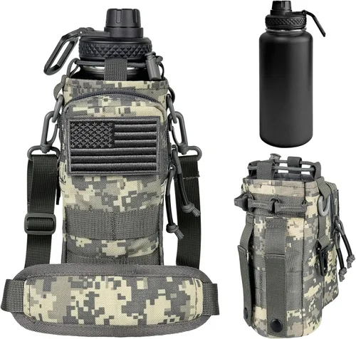 Miniatura 11 de Botella de agua aislada de 32 onzas, jarra de agua negra militar de acero inoxidable con manga, botellas de agua para gimnasio para hombres