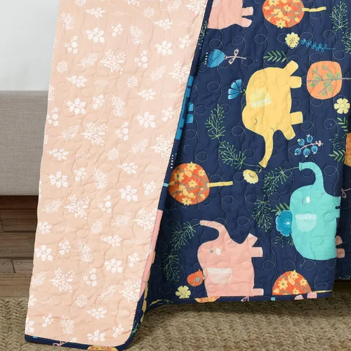 Miniatura 5 de Lush Decor Hygge - Juego de edredón reversible de elefante, tamaño individual, 3 piezas, azul marino y multicolor, juego de ropa de cama para niños