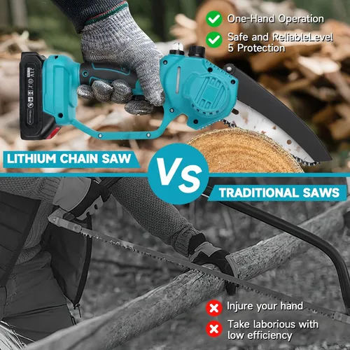 Miniatura 6 de Mini motosierra de mano inalámbrica de 6 pulgadas con engrasador automático, motosierra eléctrica portátil para cortar árboles/madera, bloqueo