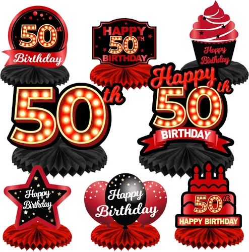 Miniatura 20 de Feliz Cumpleaños 15 Centros de Mesa de Panal Rojo y Negro Globos Decoración Temática de Mesa Decoraciones de Mesa Adornos de Mesa para Niñas Mujeres