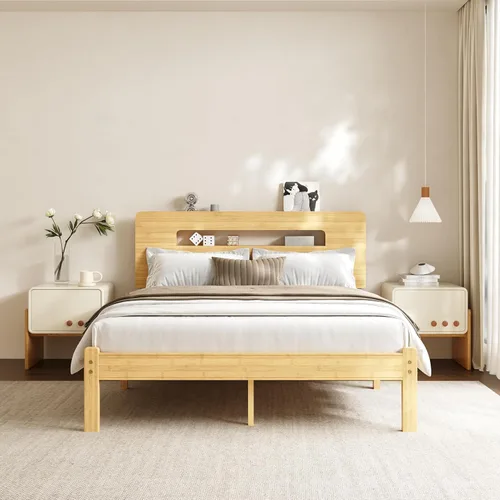 Base de cama de tamaño matrimonial de 14 pulgadas de bambú con cabecera de almacenamiento, marcos de cama sólidos, soporte de listones de metal,