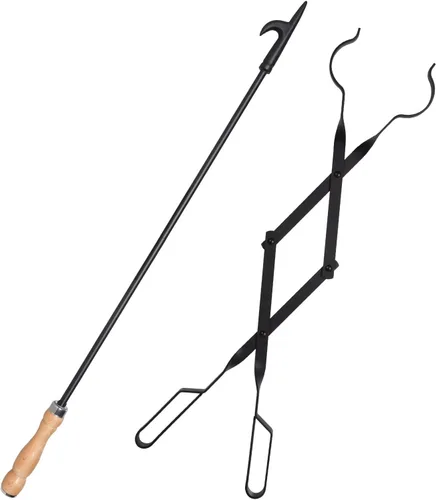Atizador resistente de 32 pulgadas de largo para chimenea, fogata y fogón, y juego de herramientas de pinzas para chimenea de 26 pulgadas, agarrador