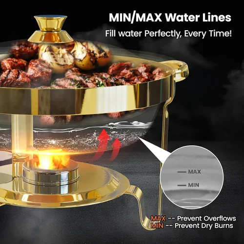 Miniatura 4 de Platos Calentadores Redondos para Buffet Paquete de 4, Chafers de 5QT y Calentadores de Buffet con 2 Guantes Resistentes al Calor, 4 Cucharas, 4