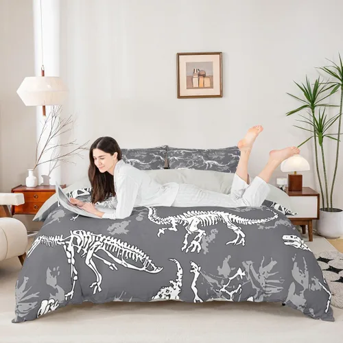 Miniatura 4 de Juego de funda de edredón de dinosaurio, funda de edredón de calavera fósil de Dinos para niños, adolescentes, niños y jóvenes, juego de ropa