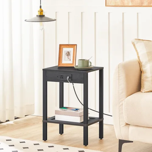 Miniatura 4 de HOOBRO Mesa auxiliar con estación de carga, mesa auxiliar con puertos USB y tomacorriente, mesita de noche con estante de almacenamiento de 2 Negro