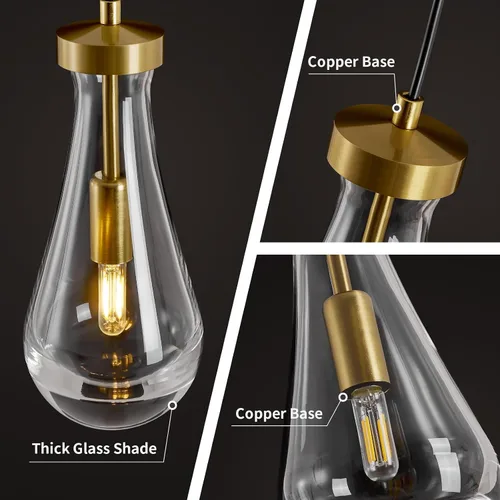 Miniatura 3 de Lámparas Colgantes de Gota de Lluvia para Isla de Cocina: Lámparas de Gota de Lluvia de Cristal de 2 Luces - Lámparas de Latón Dorado para sobre