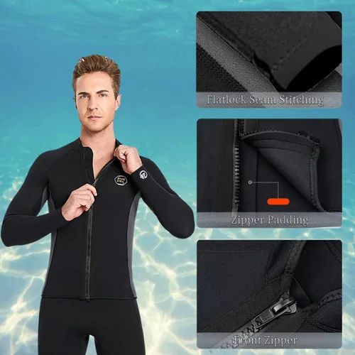 Miniatura 4 de Traje de neopreno superior de 0.079 pulgadas, chaqueta de neopreno para hombres y mujeres, cremallera frontal, manga larga, traje de buceo
