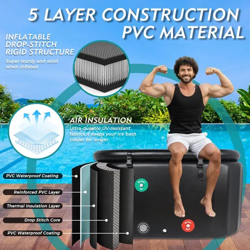 Miniatura 5 de Bañera inflable XXL para atletas, bañera fría de 195 galones con tapa, compatible con enfriadores de agua, bañera independiente ovalada portátil