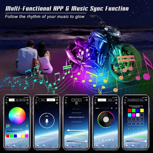 Miniatura 3 de 4 piezas de kits de luz LED para motocicleta, tiras de luz LED impermeables multicolor con control de aplicación, luces LED RGB sincronizadas