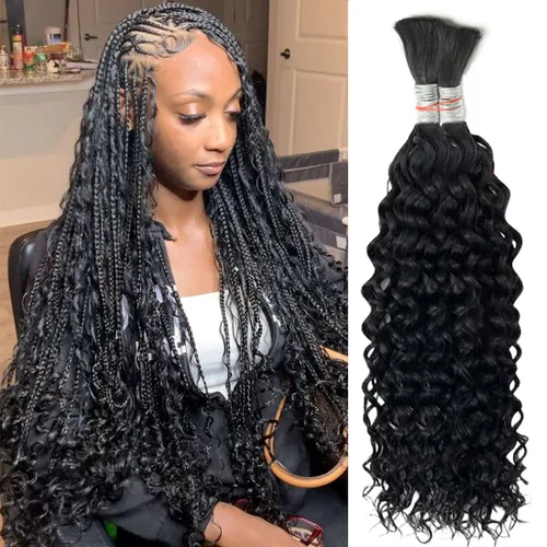 Miniatura 9 de Cabello humano trenzado para trenzas bohemias, cabello humano trenzado de onda profunda, cabello humano a granel para trenzar, sin trama 10A, húmedo