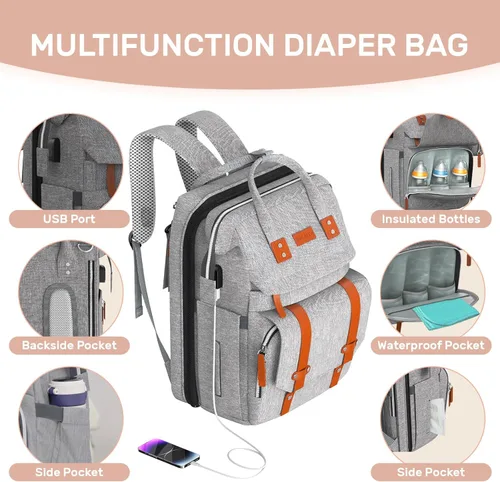 Miniatura 3 de Mochila para pañales con cambiador, bolsa de pañales grande, bolsa de pañales multifuncional, bolsa de bebé, gris