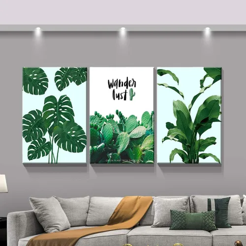 Miniatura 2 de Denozer - 3 piezas de arte de pared en lienzo con hojas verdes para sala de estar, decoración moderna del hogar, estirada y enmarcada lista