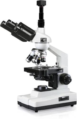 Microscopio compuesto trinocular, Oculares 10x WF, Ampliación 40x-1000x, Iluminación LED, Condensador Abbe 1.25 NA, Etapa mecánica, Cámara ocular