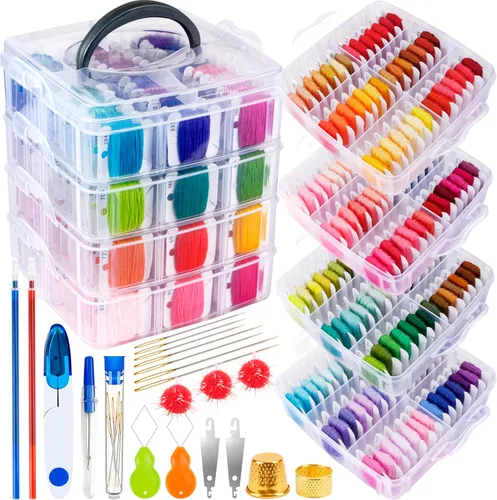 BYMORE Juego de 262 hilos para bordar, incluye 200 colores, 8 m por pieza, hilo de coser para punto de cruz, con contenedores de hilo y 62