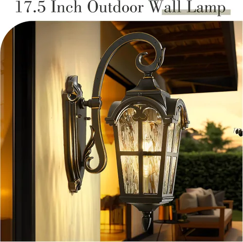 Miniatura 3 de Emliviar Aplique de Pared Vintage para Exteriores con Vidrio de Ondas de Agua, Linterna de Pared para Porche Delantero de 17.5", Acabado Negro
