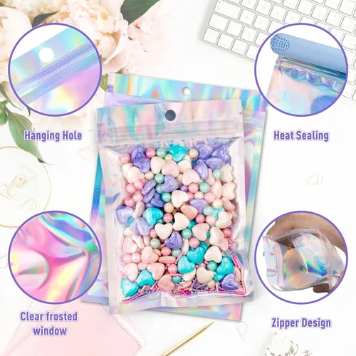 Miniatura 3 de ANZNKU 300 bolsas holográficas de Mylar resellables, bolsas resellables de 4x6 pulgadas para pequeñas empresas, bolsa de kit para resaca a prueba