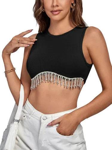 Miniatura 4 de Rooscier Camiseta corta sin mangas con diamantes de imitación acanalados para mujer