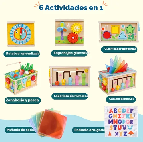 Miniatura 4 de Ancaixin Cubo de Actividad de 6 en 1 de Caja de Tejidos Montessori para Bebés de 6+ Meses, Cubo de Actividad de Madera, Rompecabezas para 12-18