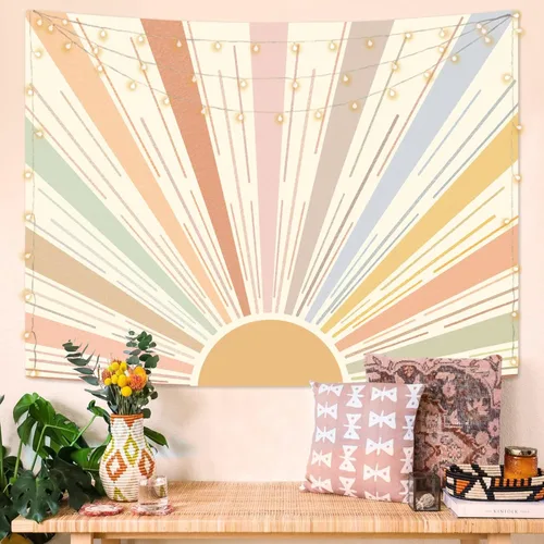 Miniatura 9 de Kanuyee Tapiz Bohemio de Sol para Colgar en la Pared, Tapices Vintage de Amanecer Estético con Rayas Abstractas Retro de los Años 70 para Abstracto
