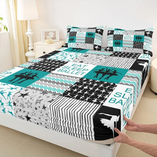 Miniatura 6 de Sábana bajera ajustable de ballet para niñas, juego de ropa de cama de ballet para danza de ballet, sábanas de cama con rayas geométricas onduladas