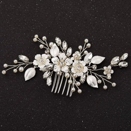 SWEETV Peine de pelo de novia plateado para accesorios de cabello de boda, hecho a mano con cristales, perlas y hojas, 4.72 x 2.75 pulgadas, para