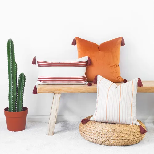Miniatura 4 de Hofdeco Solo funda de almohada decorativa de otoño, para sofá, cama, borla a rayas naranjas, 18 x 18 pulgadas Borla de rayas naranja claro 18"x18